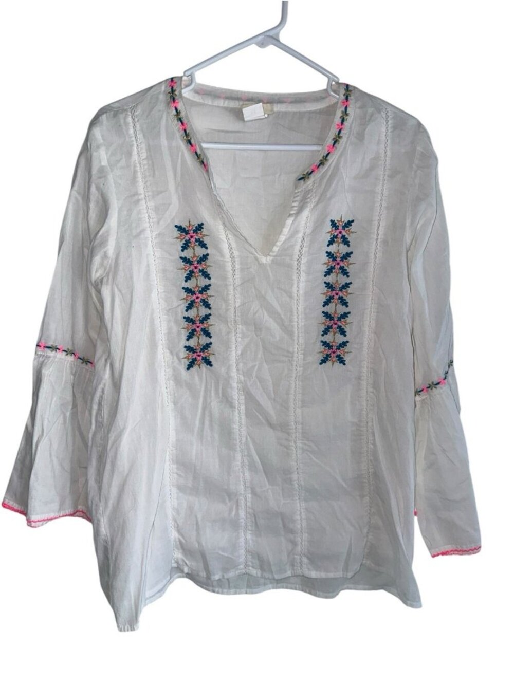 Natural Life Womens V Neck Peasant Top Sz M White Embroidered Boho Hippie